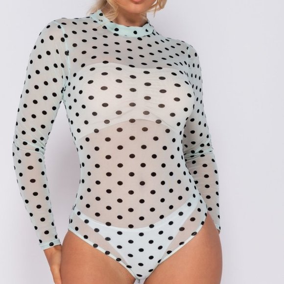 Tops - Mesh Polka Dot High Neck Long Sleeve Bodysuit Top